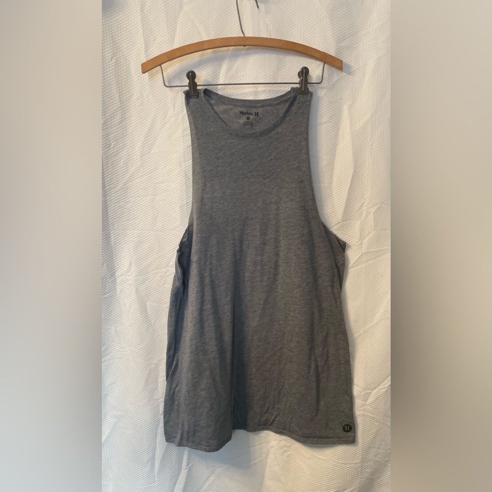 Long grey Hurley tank top with slit in the back, also Nike dry fit